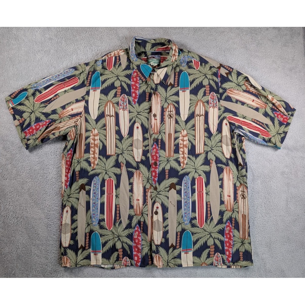 Reyn Spooner Mens XL Hawaiian‎ Shirt Spun Rayon Surfboard Palm Tree Aloha Navy
